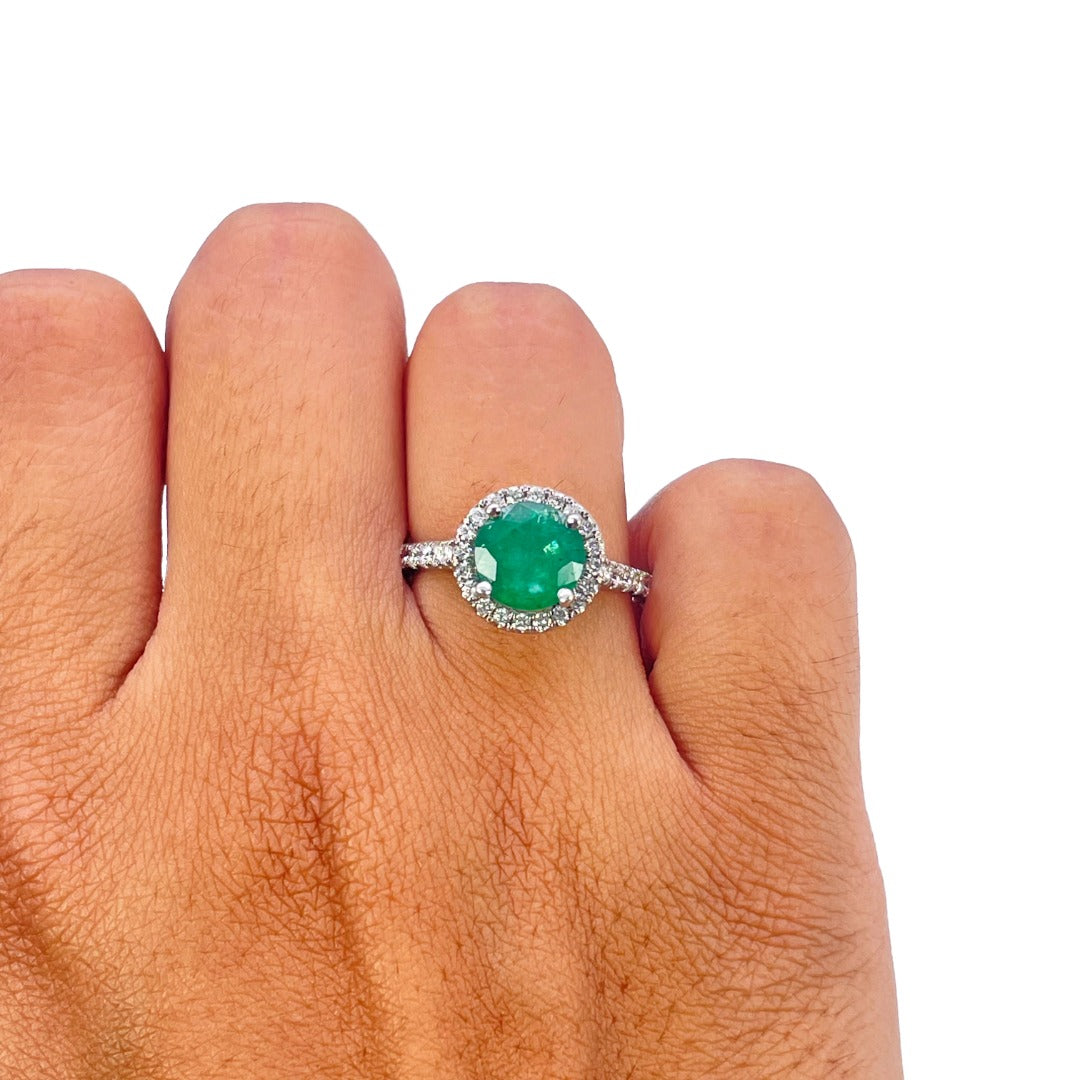 18ct White Gold Natural Zambian Emerald & Diamond Halo Pave Shoulder Ring 2.00ct