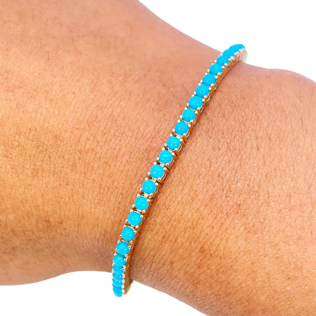 14ct Yellow Gold Unique Round Turquoise Tennis Bracelet 4.60ct 7 Inches