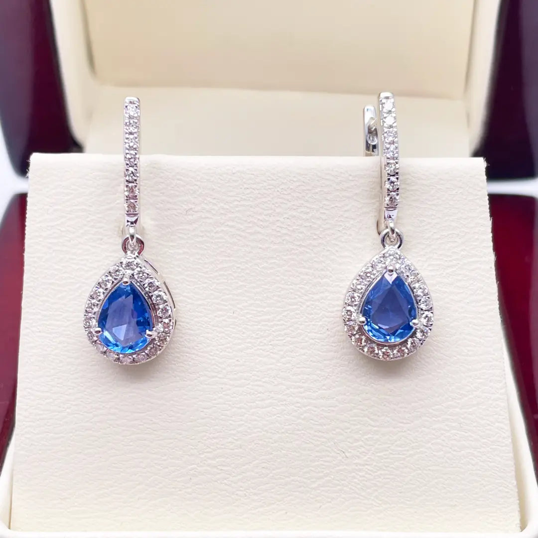 18ct White Gold Diamond & Blue Sapphire Pear Halo Teardrop Hoop Earrings 1.89ct Diamond earring