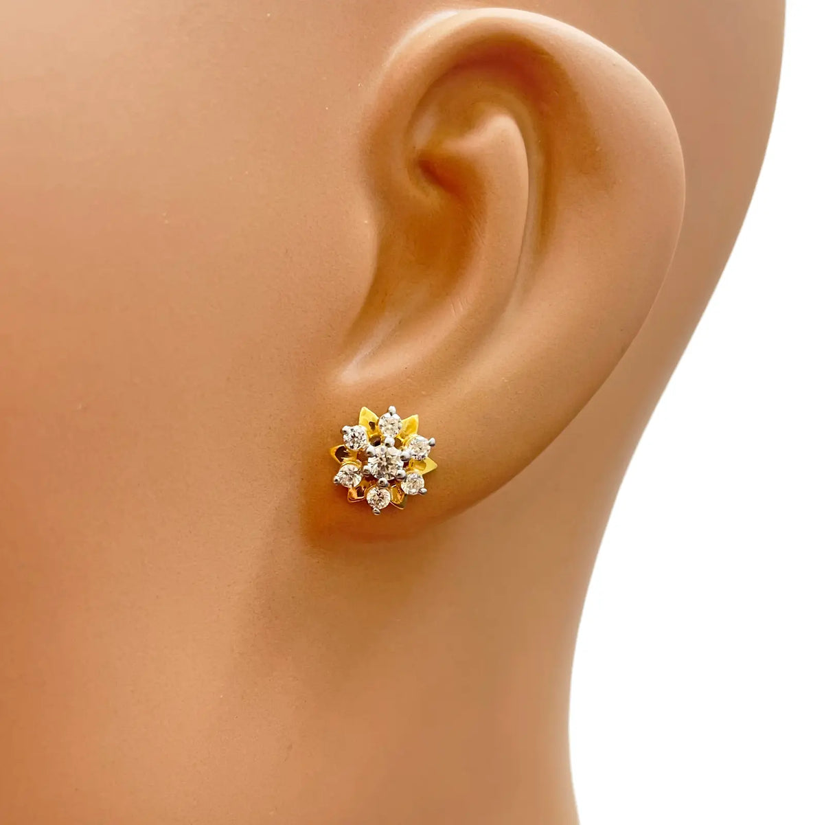 22ct Gold Floral Cubic Zirconia Stud High Polished Earrings Elegant Sparkle Design 9x9mm Width