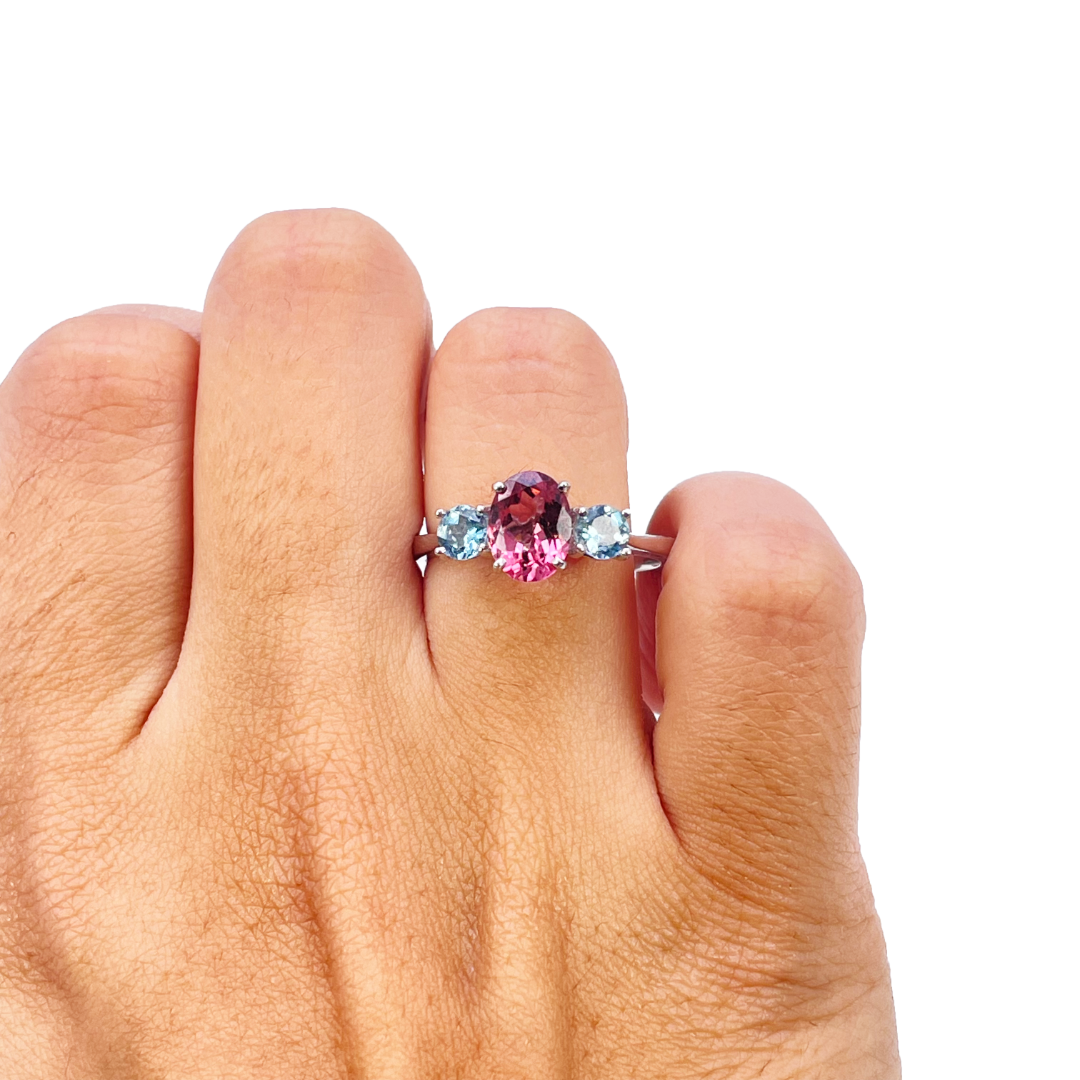 18ct White Gold Pink Tourmaline & Aquamarine Trilogy Ring 1.60ct