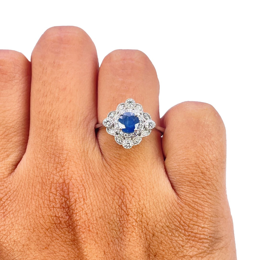 14ct White Gold Natural Sapphire & Diamond Vintage-Style Halo Ring 0.82ct