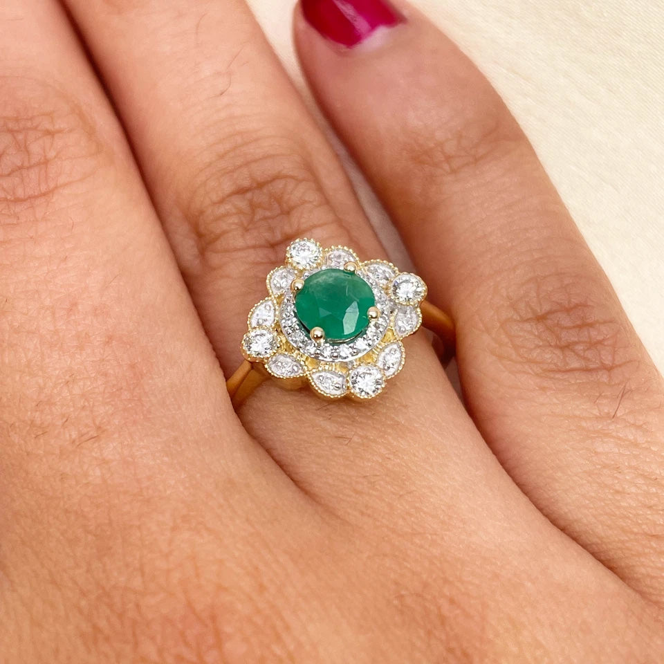 14ct Yellow Gold Natural Emerald & Diamond Vintage-Style Halo Ring 0.72ct