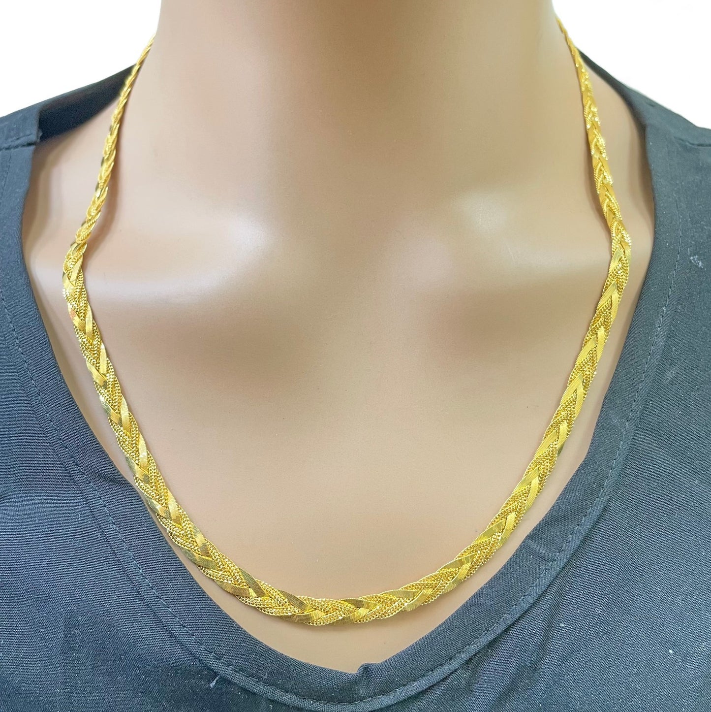22ct Gold Plaited Herringbone Braid Flat Chain Necklace High Polished 22 Inches
