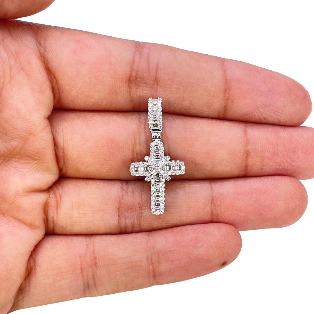 14ct White Gold Natural Diamond Baguette Round Cluster Cross Pendant 0.63ct
