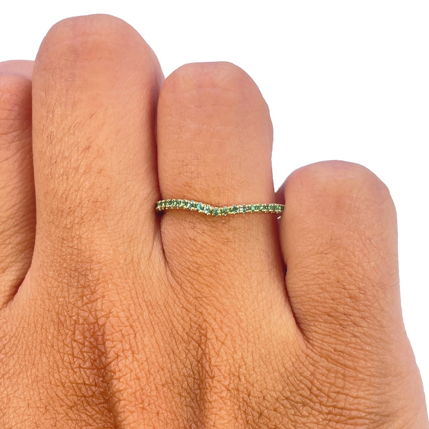 14ct Yellow Gold Natural Emerald Wishbone Ring Pave 0.19ct