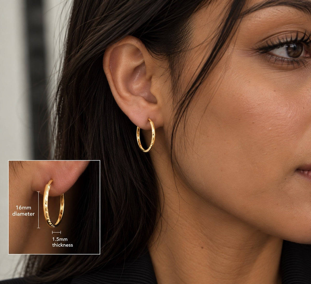 22ct Yellow Gold Diamond-Cut Hoop Earrings 16mm Diameter