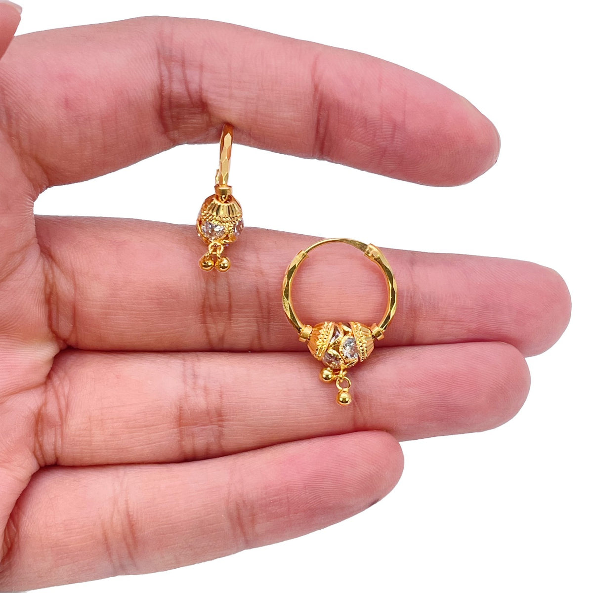 22ct Yellow Gold Cubic Zirconia Hoop Earrings Diamond Cut Double Drop