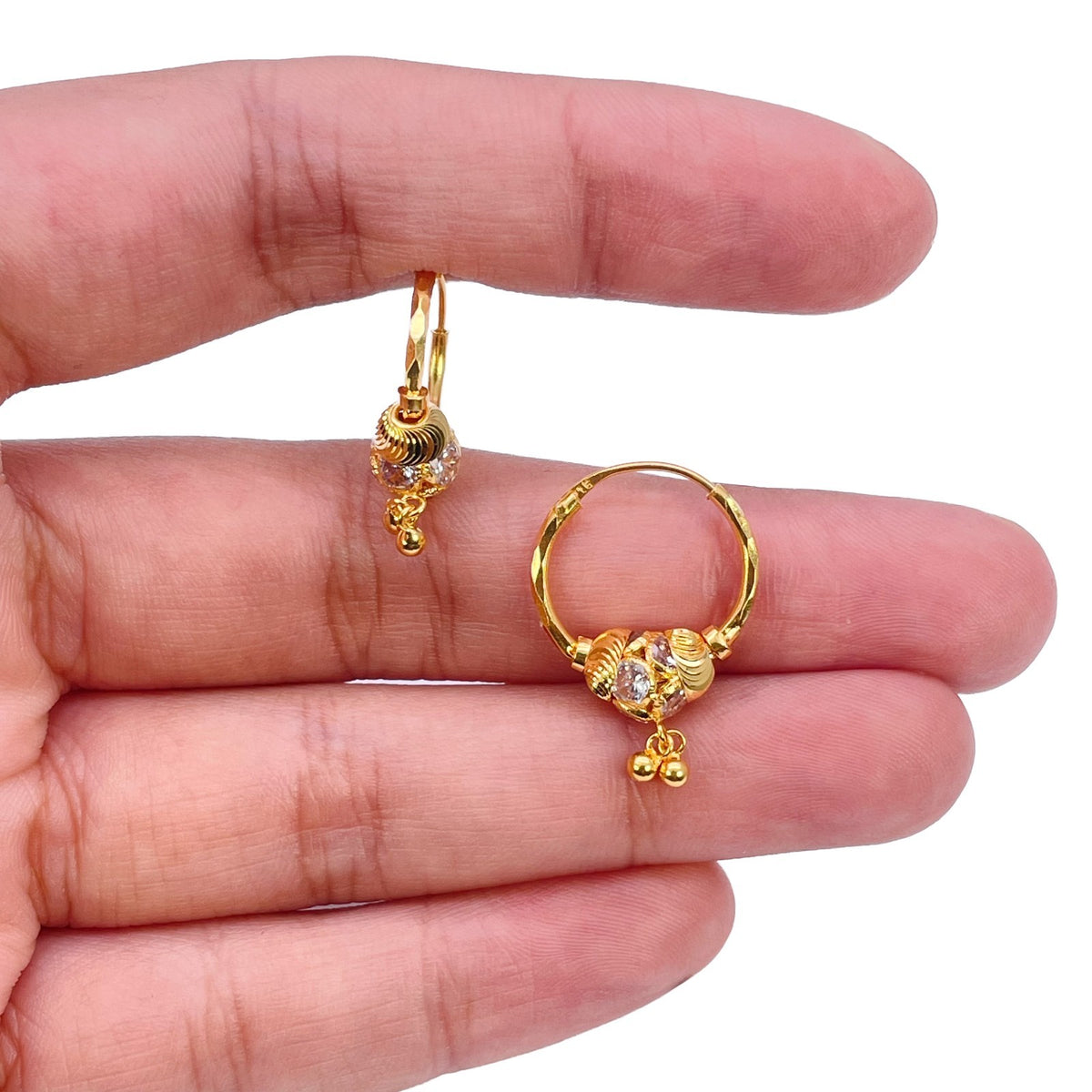 22ct Yellow Gold Cubic Zirconia Hoop Earrings Diamond Cut Double Drop