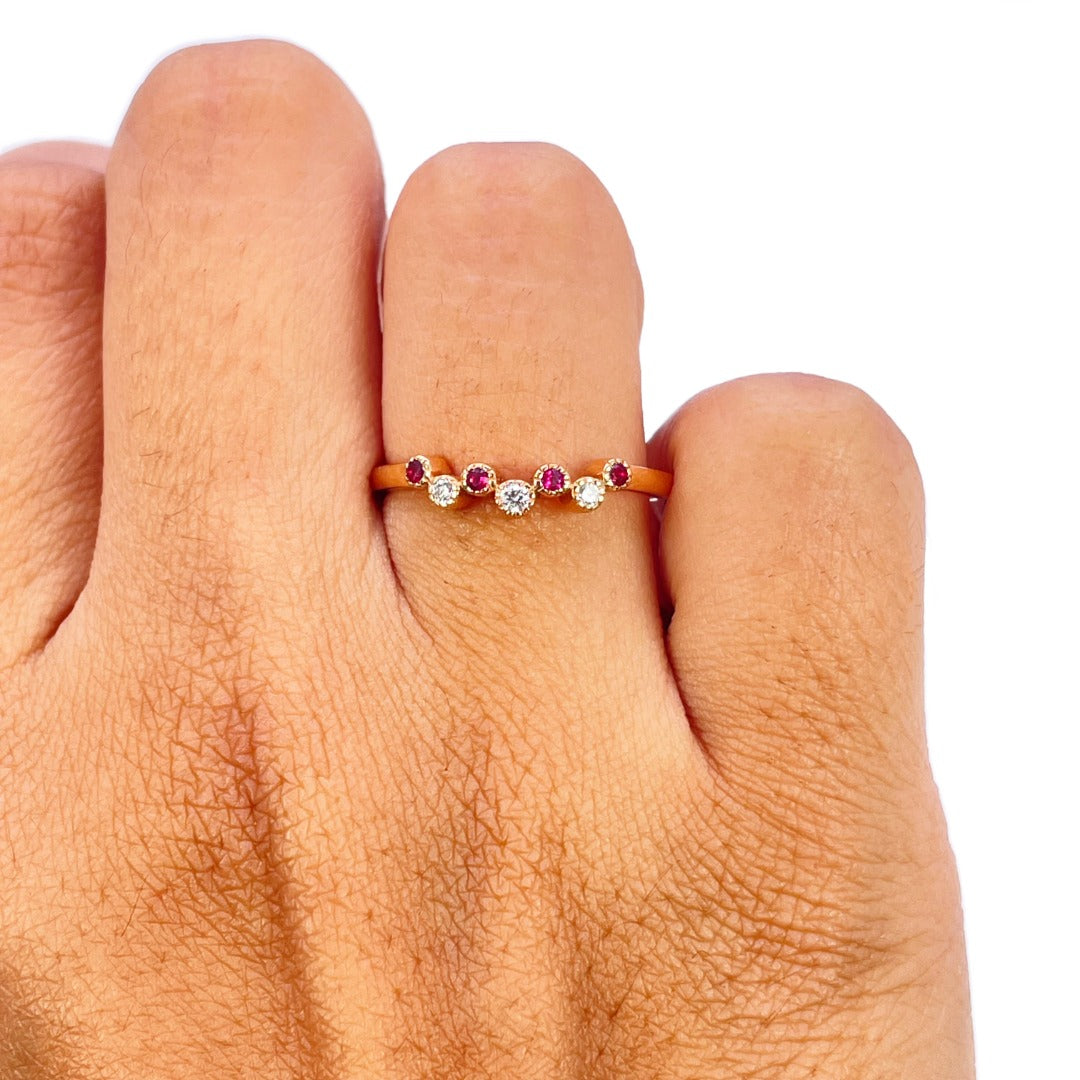 18ct Rose Gold Bubble Ring with Natural Rubies & Diamonds 0.14ct
