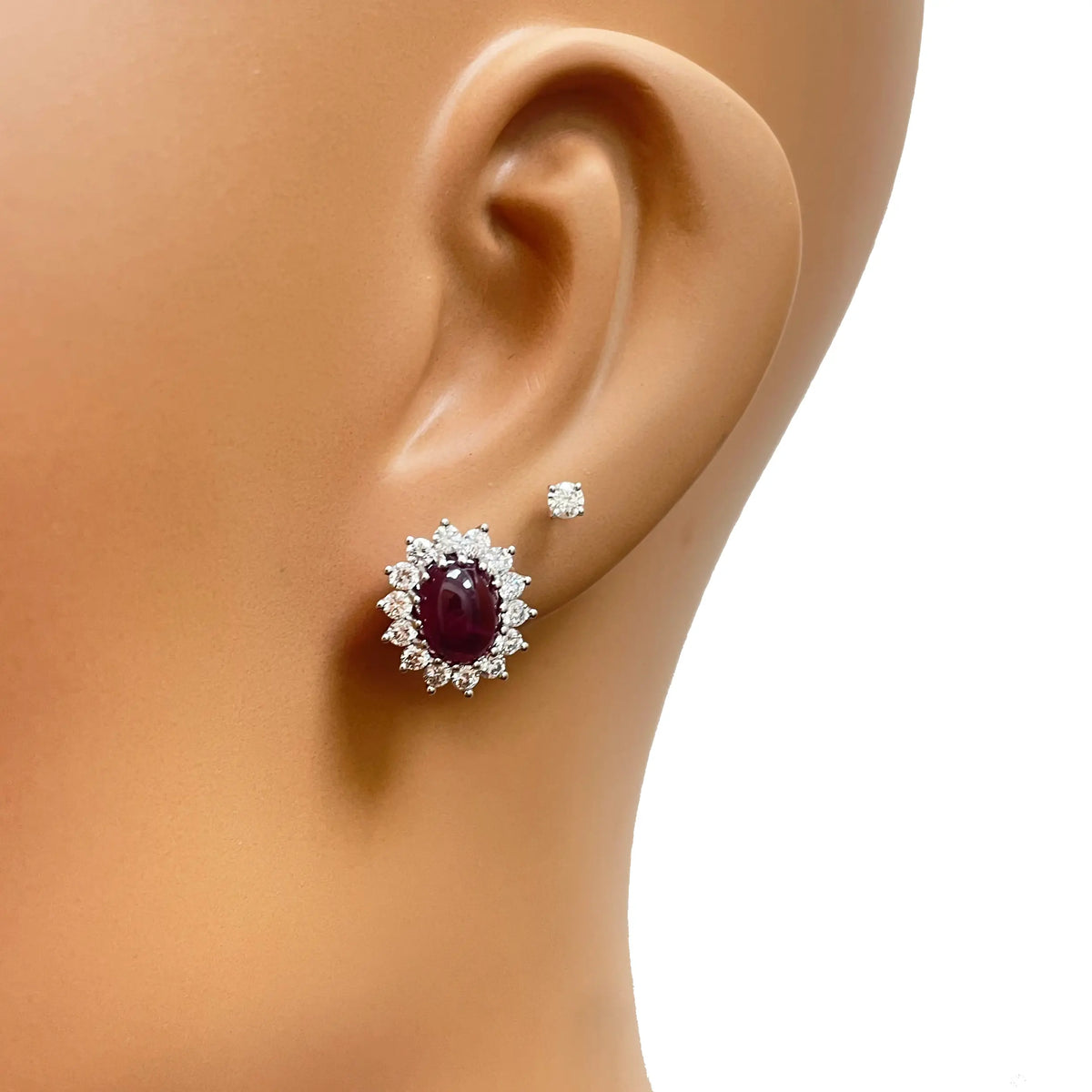 Platinum Cabochon Ruby & Diamond Oval Cluster Earrings 5.60ct GIA Certificate