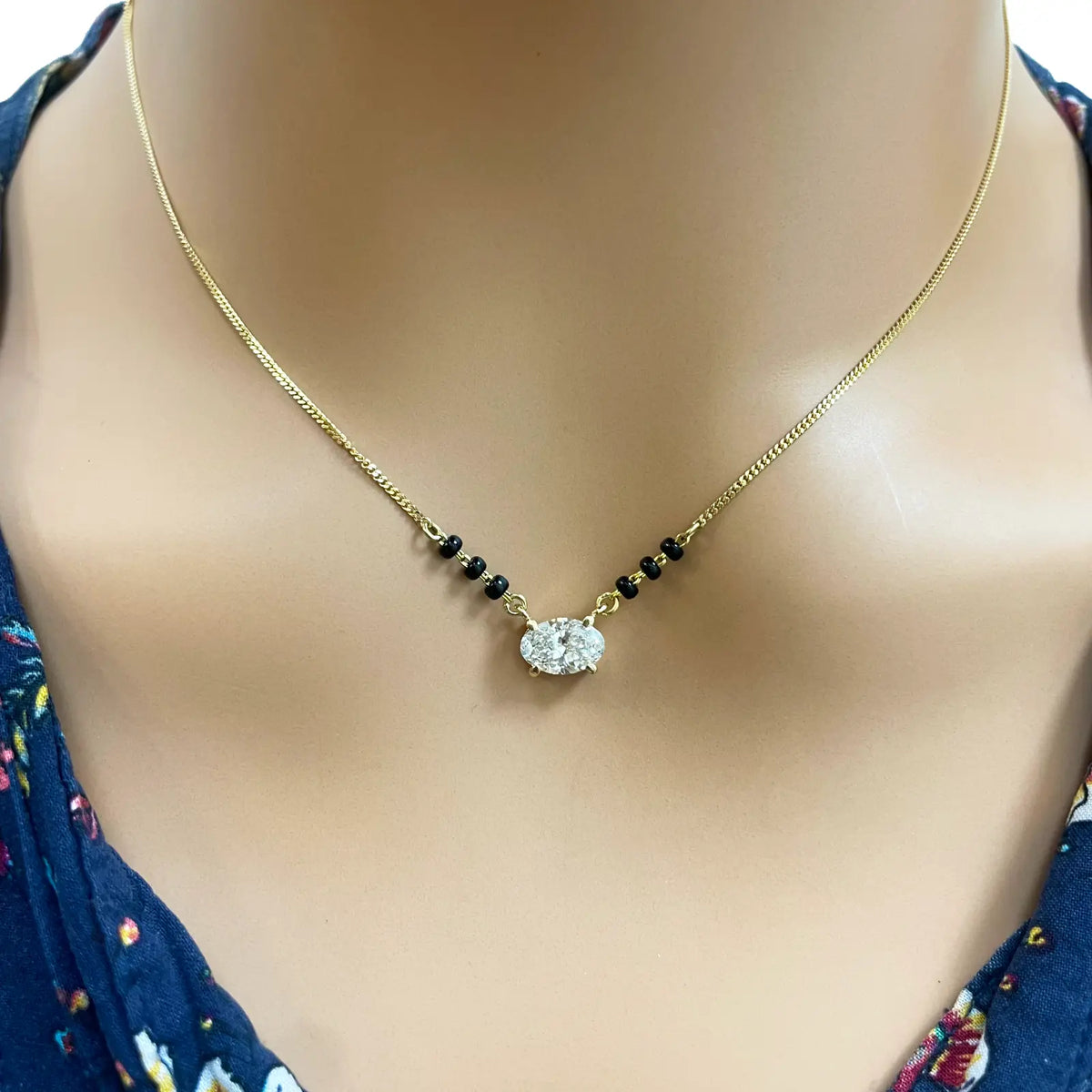 18ct Yellow Gold Lab Grown Oval Diamond 1.00ct Black Beads Mangalsutra Necklace IGI Certified