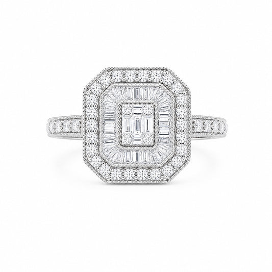18ct White Gold 0.75ct Diamond Baguette Round Double Halo Milgrain Cluster Ring
