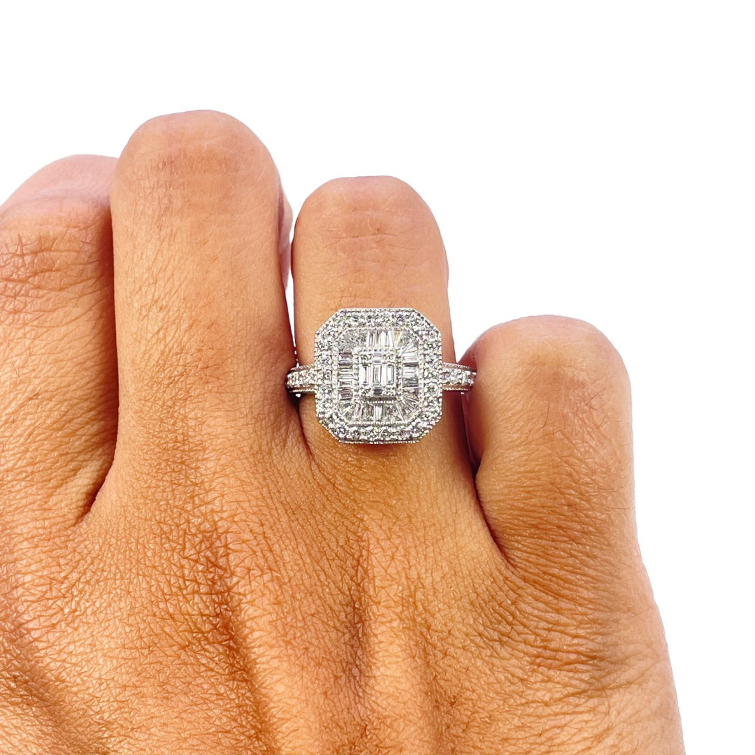 18ct White Gold 0.75ct Diamond Baguette Round Double Halo Milgrain Cluster Ring
