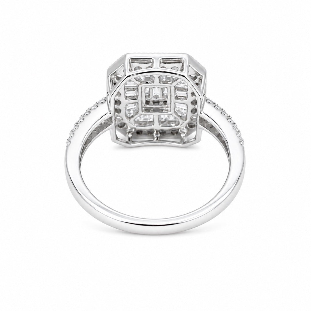 18ct White Gold 0.75ct Diamond Baguette Round Double Halo Milgrain Cluster Ring