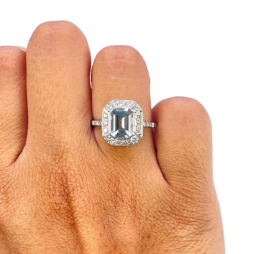 Platinum 950 Emerald Cut Aquamarine Diamond Milgrain Halo Ring Vintage 1.70ct