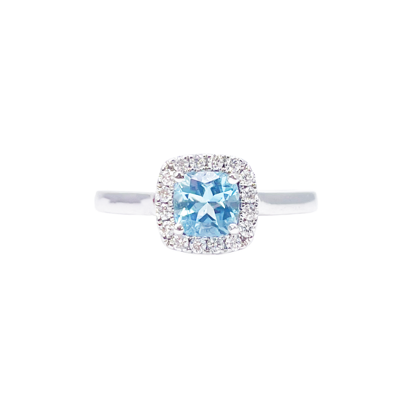 18kt witgouden aquamarijn- en diamant halo cluster kussenvormige ring 0,70ct