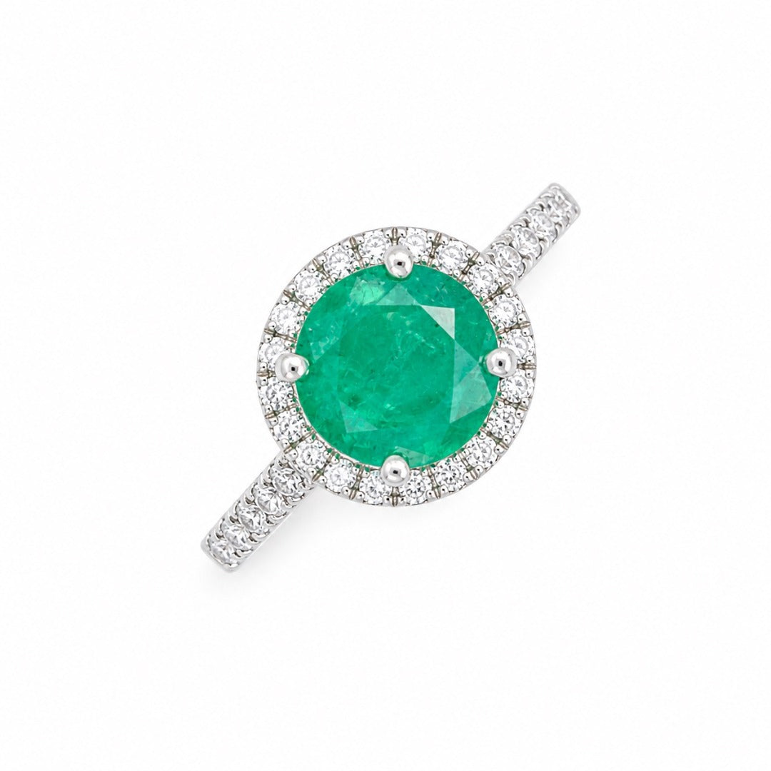 18ct White Gold Natural Zambian Emerald & Diamond Halo Pave Shoulder Ring 2.00ct
