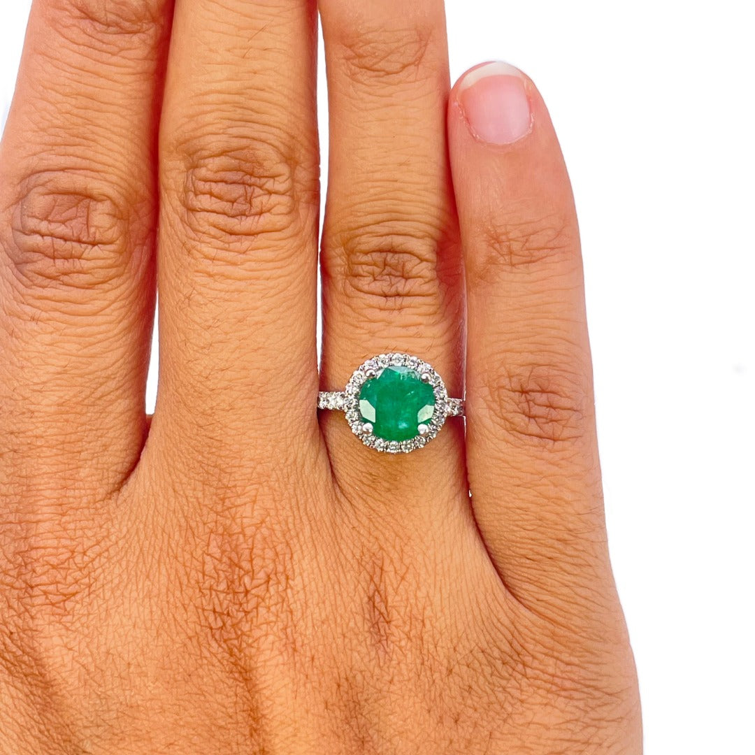 18ct White Gold Natural Zambian Emerald & Diamond Halo Pave Shoulder Ring 2.00ct