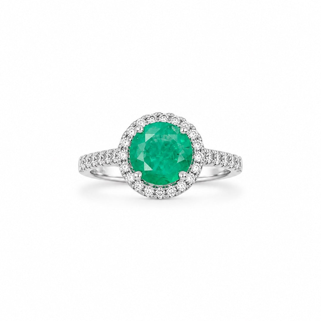 18ct White Gold Natural Zambian Emerald & Diamond Halo Pave Shoulder Ring 2.00ct