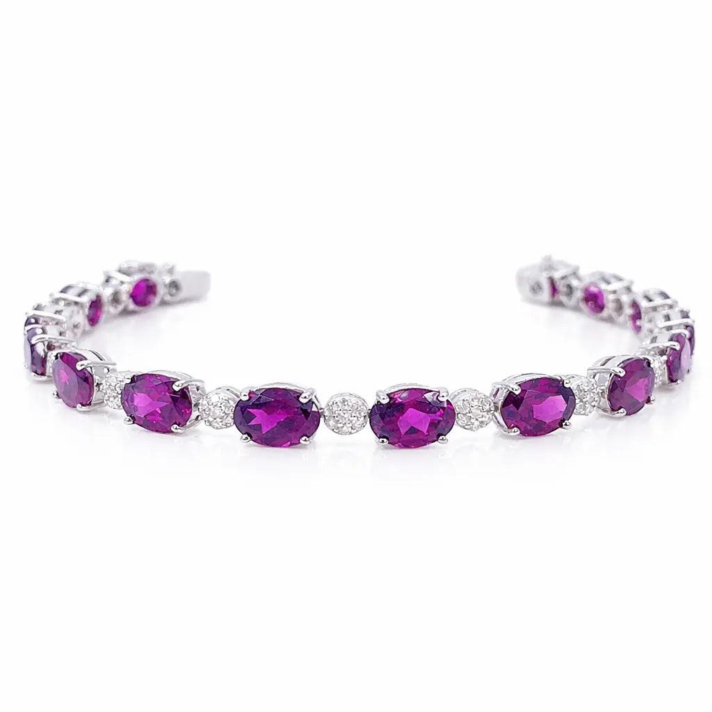 14ct White Gold Natural Diamond & Purple Rhodolite Garnet Oval Cluster Bracelet¬† Diamond Bracelets