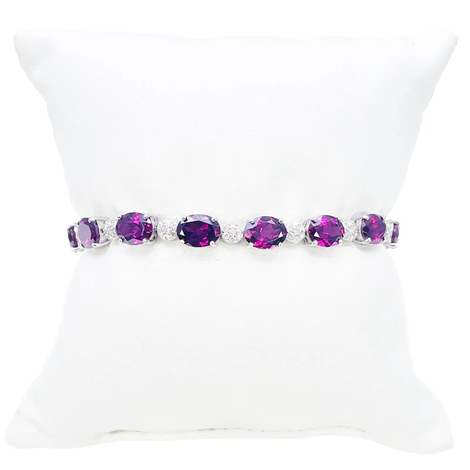 14ct White Gold Natural Diamond & Purple Rhodolite Garnet Oval Cluster Bracelet¬† Diamond Bracelets