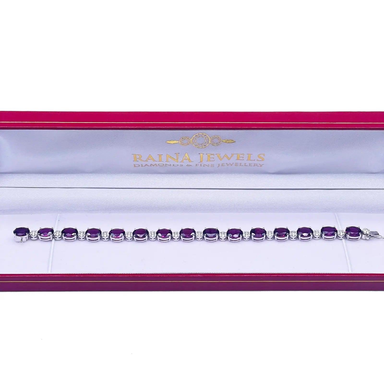 14ct White Gold Natural Diamond & Purple Rhodolite Garnet Oval Cluster Bracelet¬† Diamond Bracelets