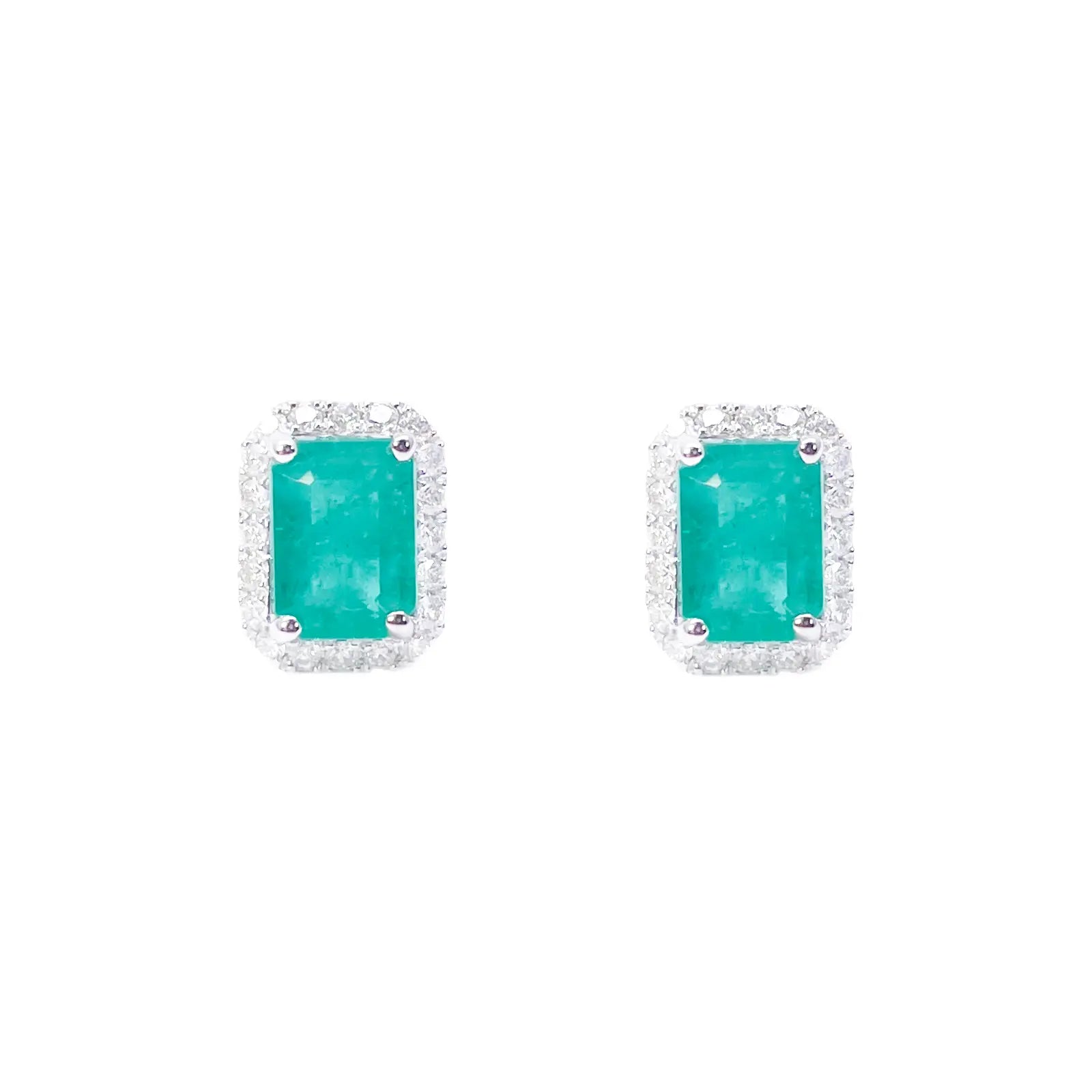 14ct White Gold Natural Emerald & Round Diamond Rectangle Stud Earrings 2.20ct 