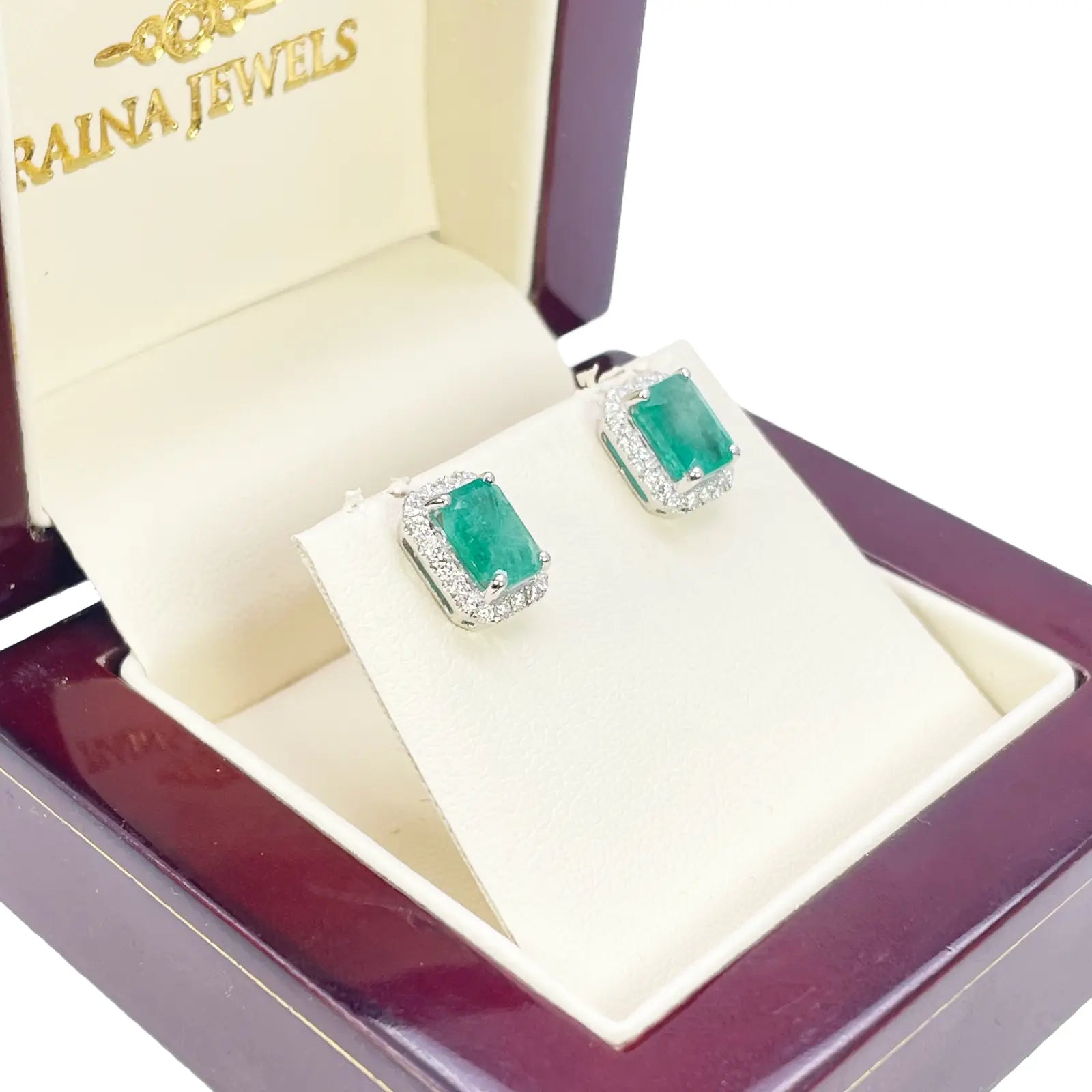 14ct White Gold Natural Emerald & Round Diamond Rectangle Stud Earrings 2.20ct 