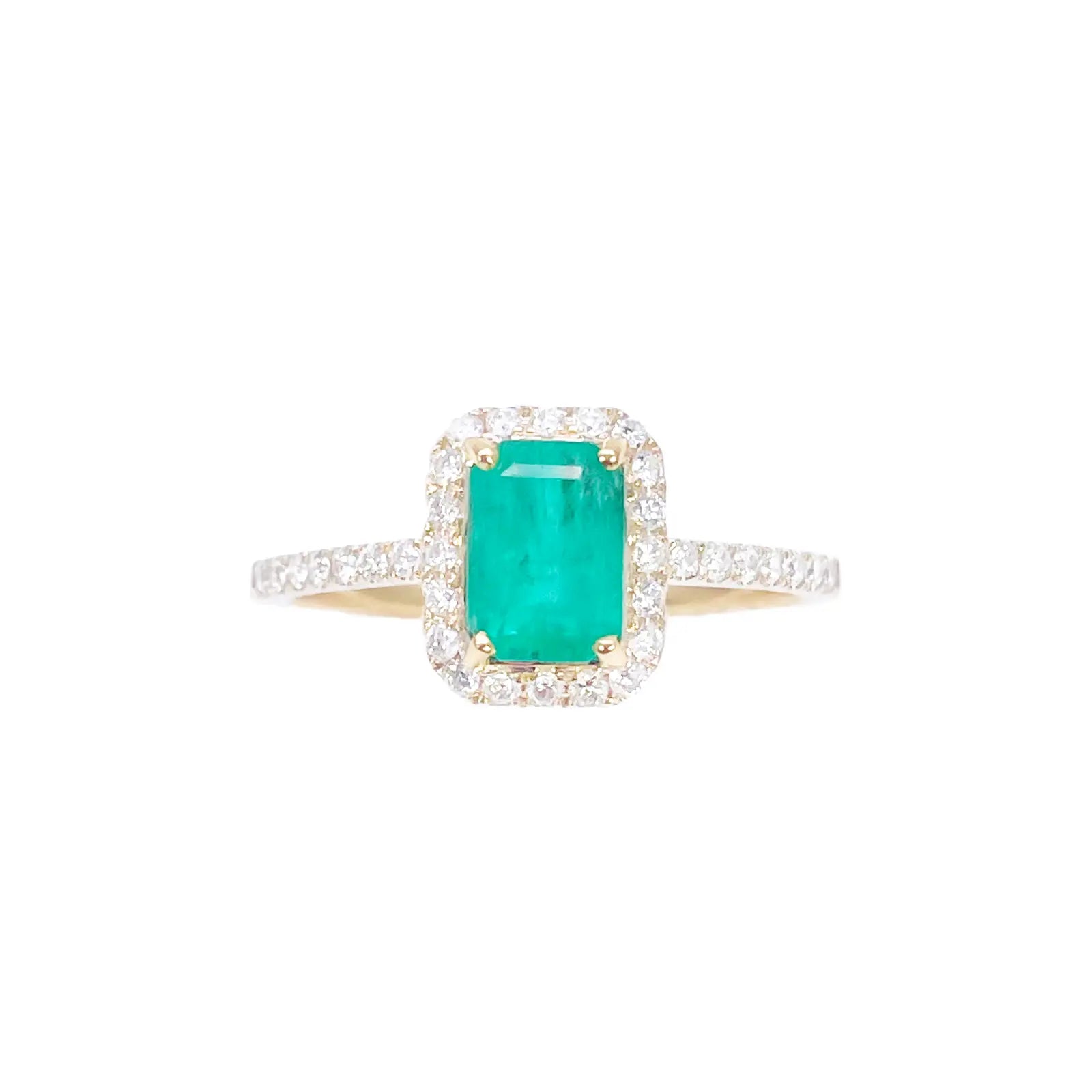 14ct Yellow Gold 4-Claw Natural Emerald & Round Diamond Ring 1.22ct  Diamond Ring