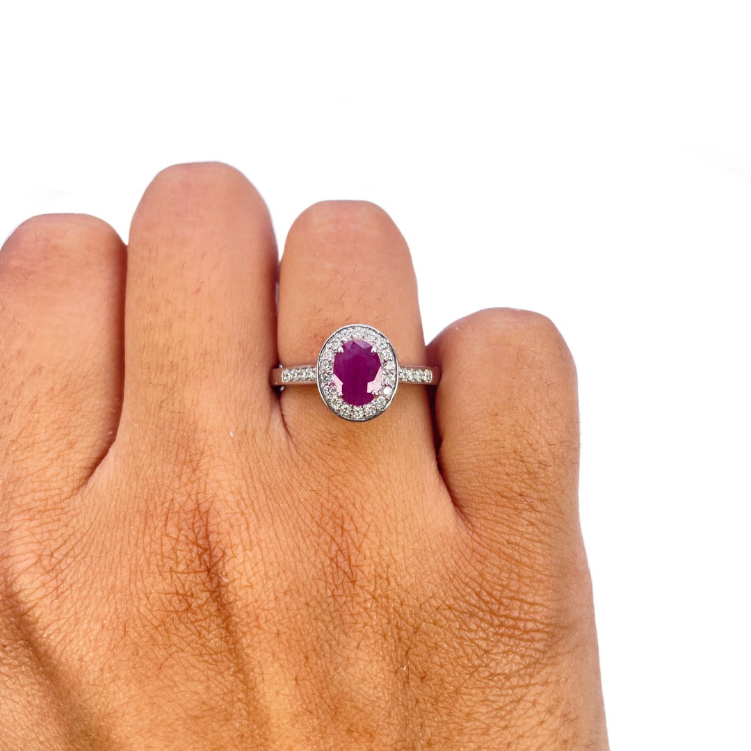 18ct White Gold Natural Oval Ruby & Round Diamond Halo Ring 1.00ct