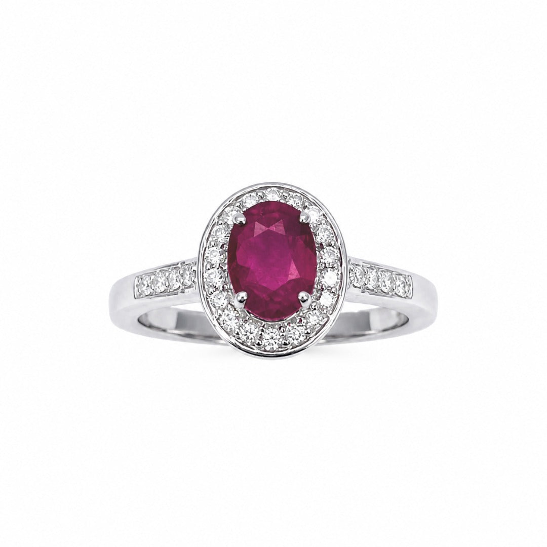18ct White Gold Natural Oval Ruby & Round Diamond Halo Ring 1.00ct