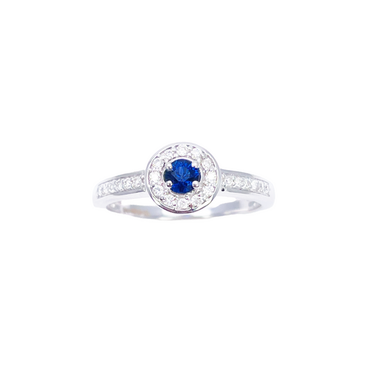 18-karaats natuurlijke blauwe saffier & ronde diamant halo halve eternity ring 0,35 ct