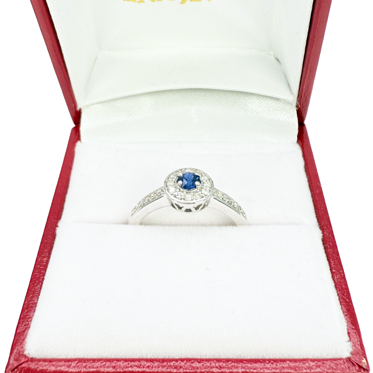 18-karaats natuurlijke blauwe saffier & ronde diamant halo halve eternity ring 0,35 ct