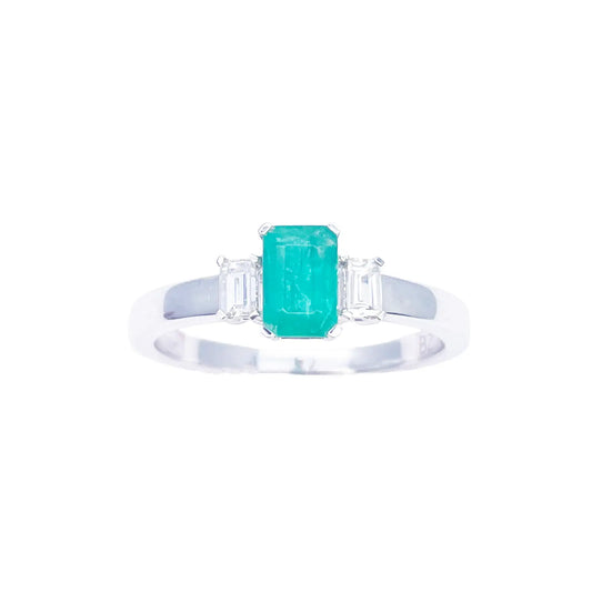 18ct Gold Emerald Diamond Ring Natural Baguette & Emerald Cut 0.75ct  Diamond Ring