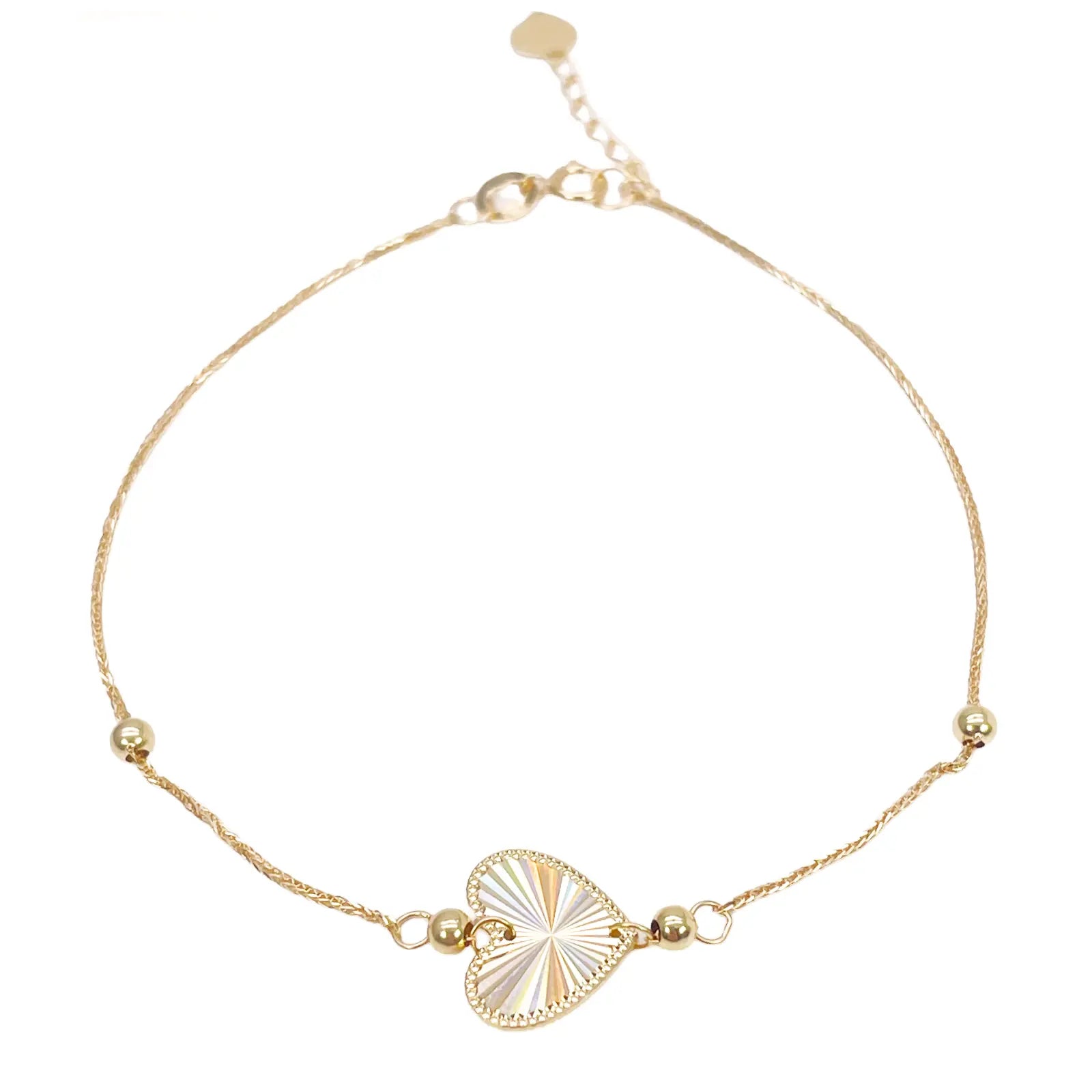 18ct Gold Heart Bracelet High Polished Beads Spiga Chain 7.5 Inches 