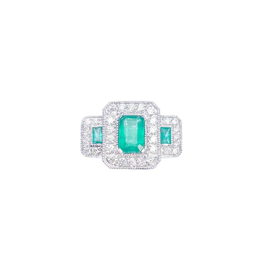 18ct Gold Natural Emerald Diamond Halo Ring Round & Emerald Cut 0.95ct  Diamond Ring