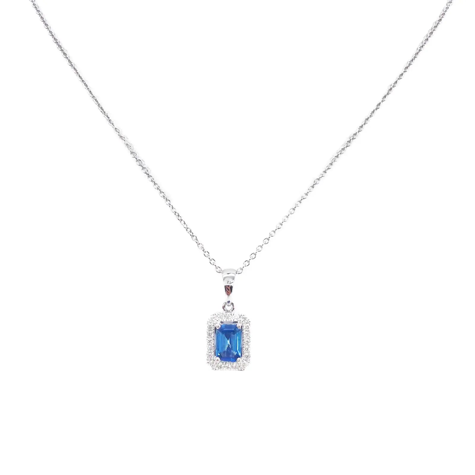 18ct Gold Natural Round Diamond & Sapphire Emerald Cut Halo Necklace 0.75ct 