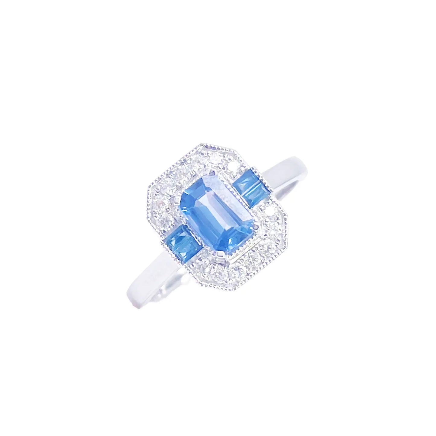 18ct Gold Natural Sapphire Diamond Halo Ring Round & Emerald Cut 1.00ct  Diamond Ring