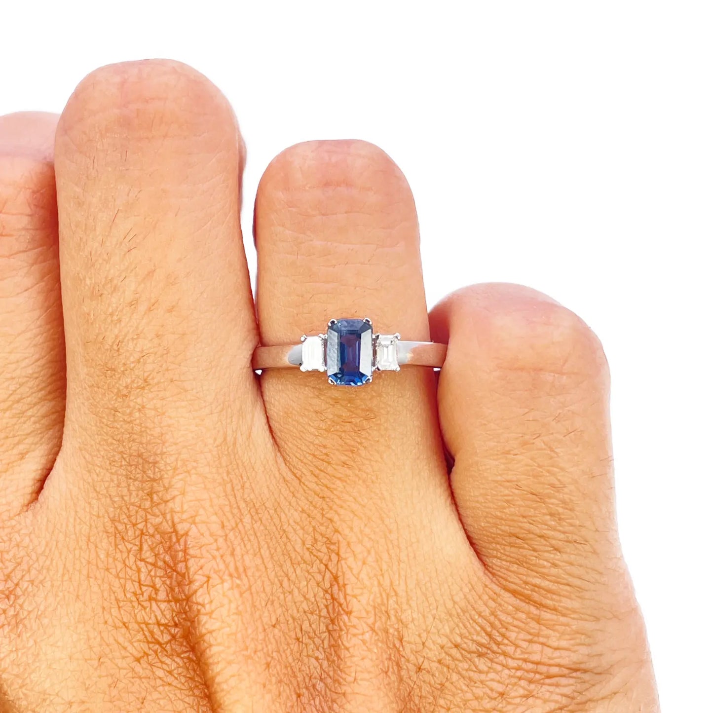 18ct Gold Sapphire Diamond Ring Natural Baguette & Emerald Cut 0.86ct  Diamond Ring