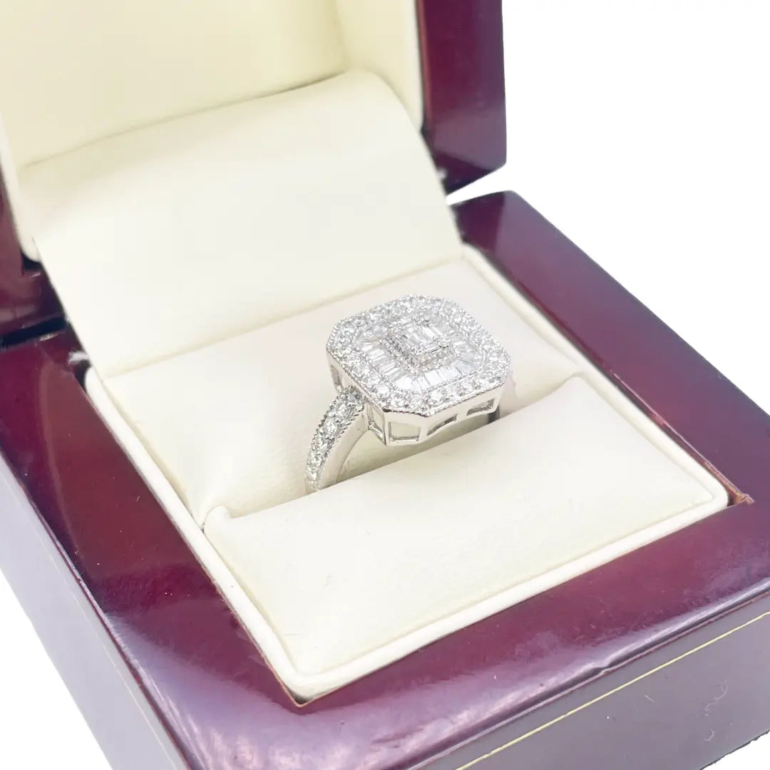 18ct White Gold Diamond Round-Baguette Cluster Ring 0.75ct  Diamond Ring