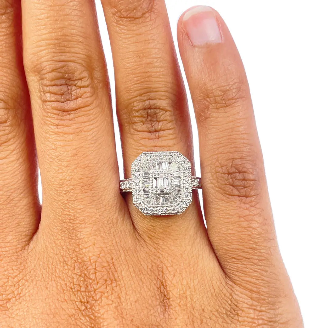 18ct White Gold Diamond Round-Baguette Cluster Ring 0.75ct  Diamond Ring