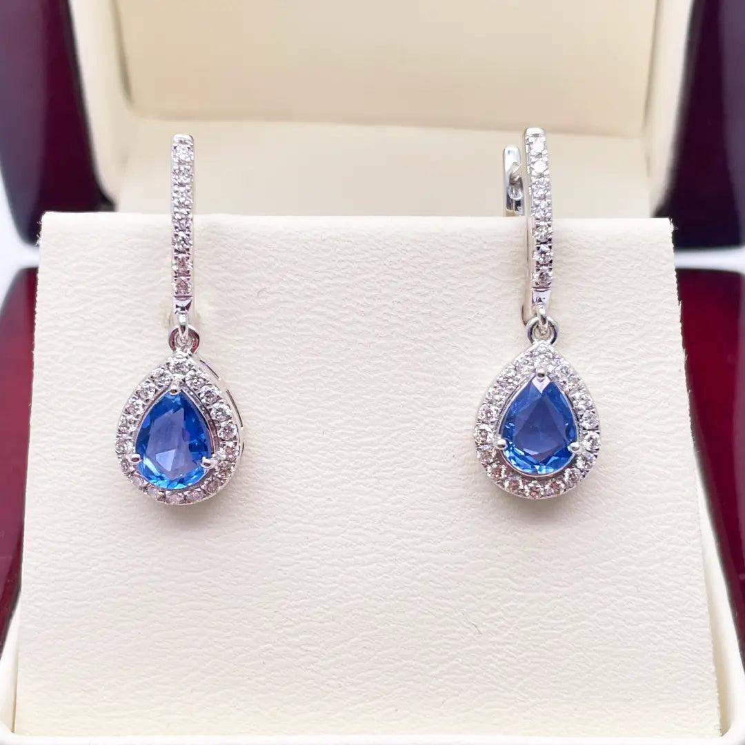 18ct White Gold Diamond & Blue Sapphire Pear Halo Teardrop Hoop Earrings 1.89ct  Diamond earring