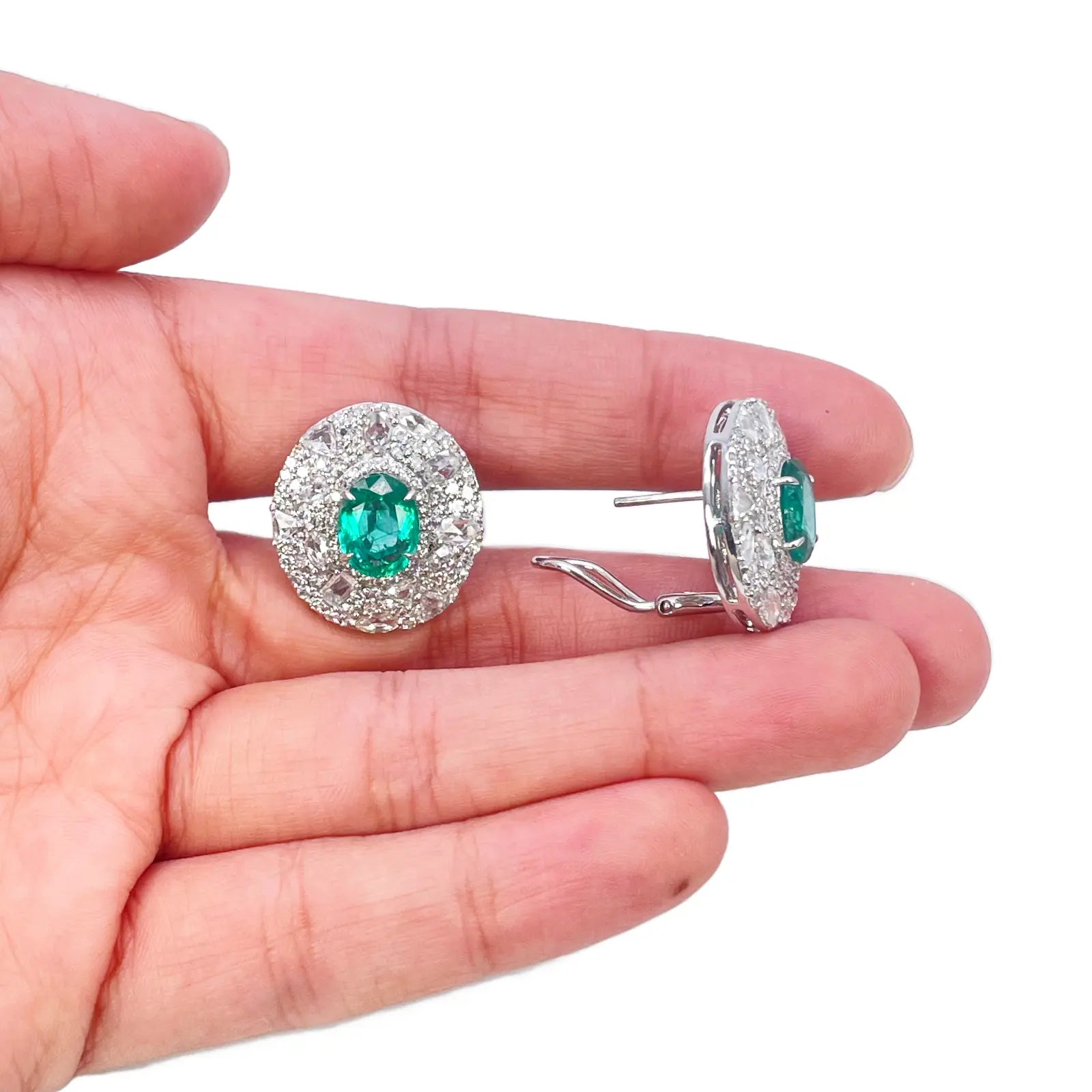 18ct White Gold Green Emerald Rose Cut Diamond Oval Cluster Earrings 6.11ct 