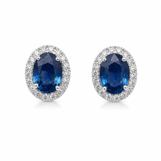 18ct White Gold Natural Oval Blue Sapphire & Diamond Cluster Earrings 0.22ct  Diamond earring