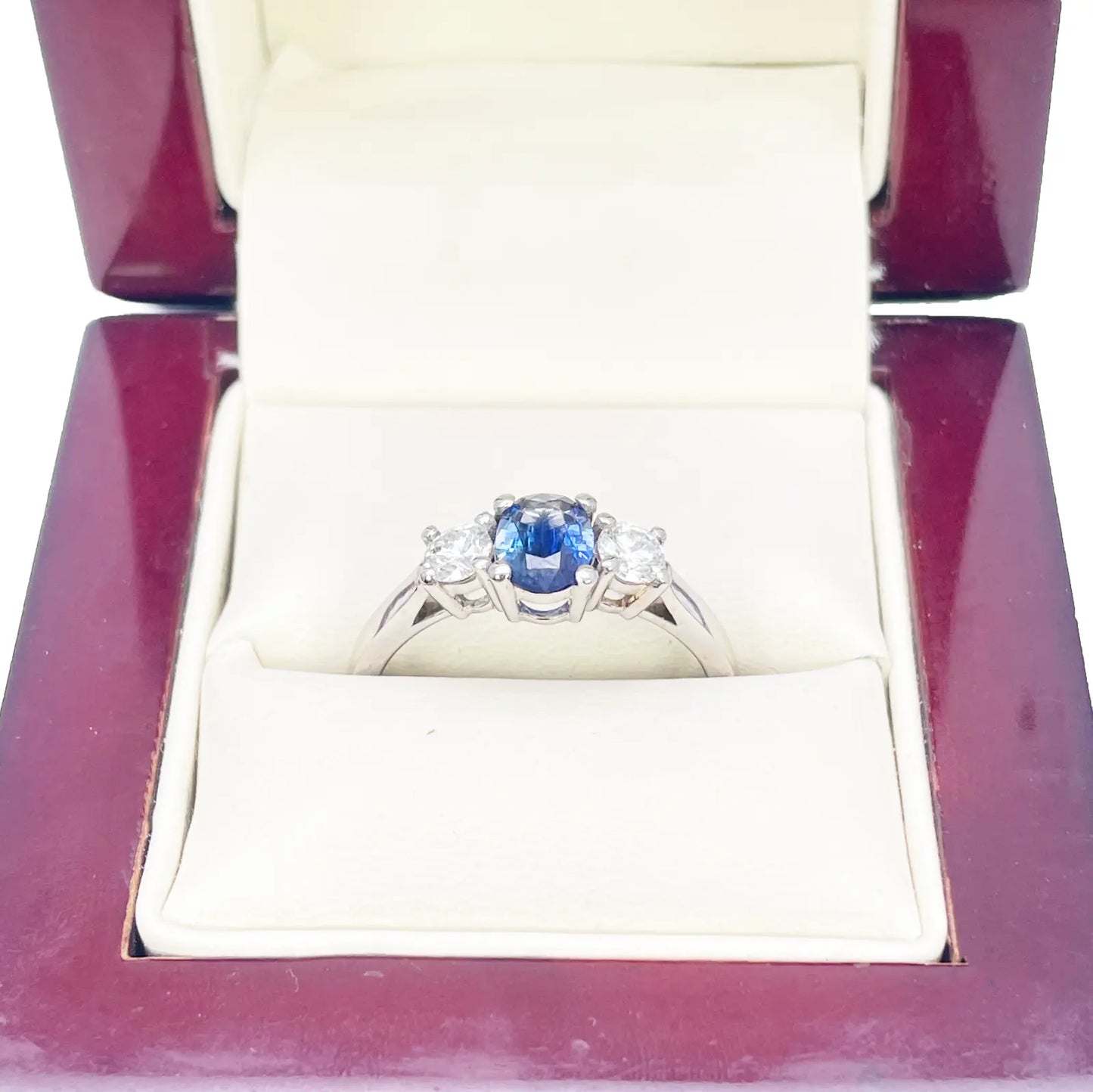 18ct White Gold Natural Oval Blue Sapphire & Round Diamond Trilogy Ring  Diamond Ring