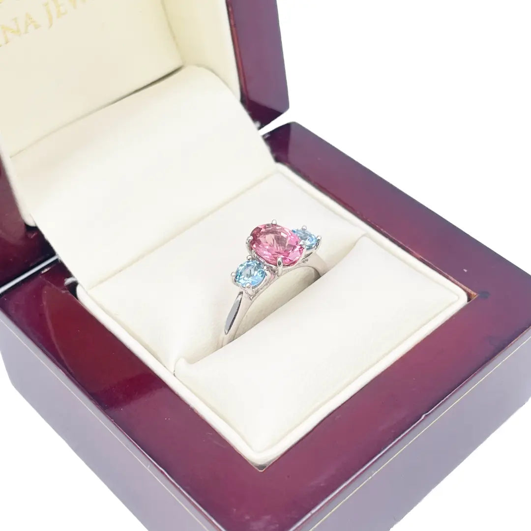 18ct White Gold Oval Pink Tourmaline & Aquamarine Trilogy Ring 1.60ct  Diamond Bracelets