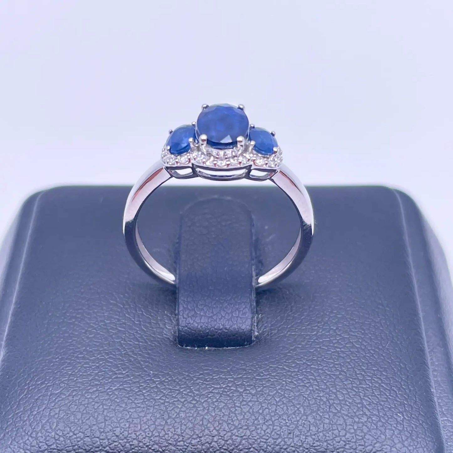 18ct White Gold Three-Stone Blue Sapphire & Diamond Cluster Oval Ring 1.76ct  Diamond Ring
