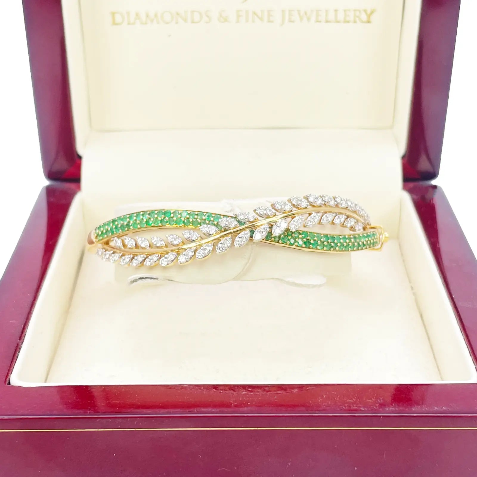 18ct Yellow Gold Diamond & Emerald Leaf Bangle Bracelet 2.17ct Diameter 2.2 Inch¬† Diamond Bracelets