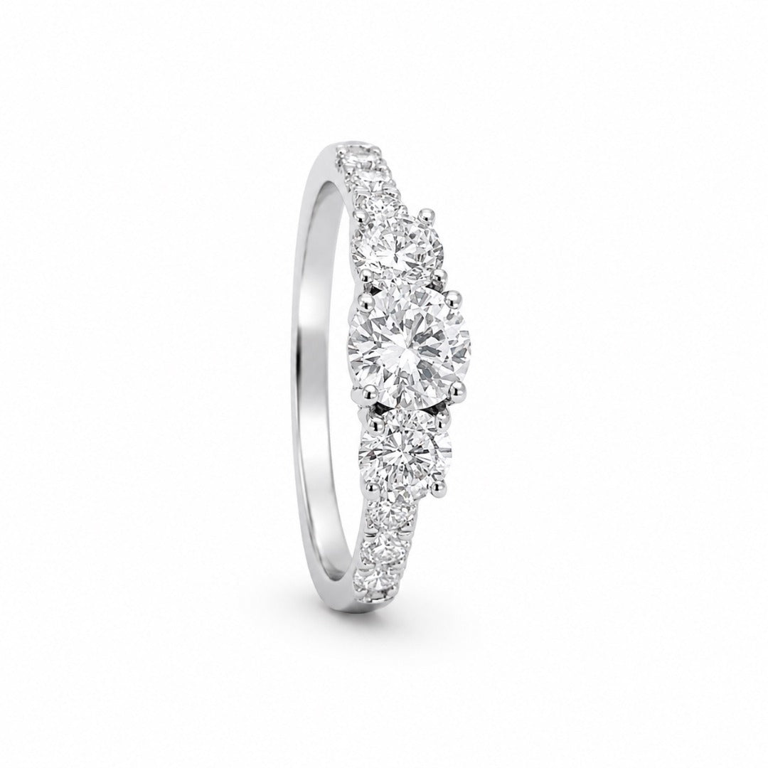 18ct White Gold Natural Diamond 0.95ct Trilogy Pave Shoulder Engagement Ring
